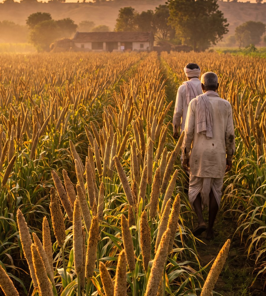 Farmers walking through a pearl millet field at golden hour