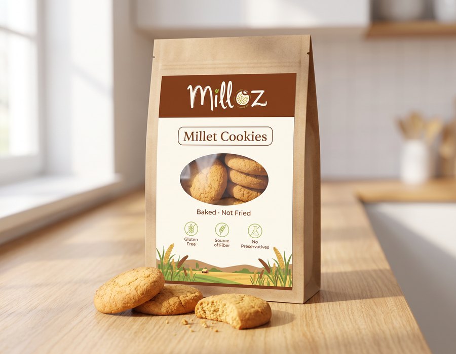 Milloz millet cookies in retail packaging