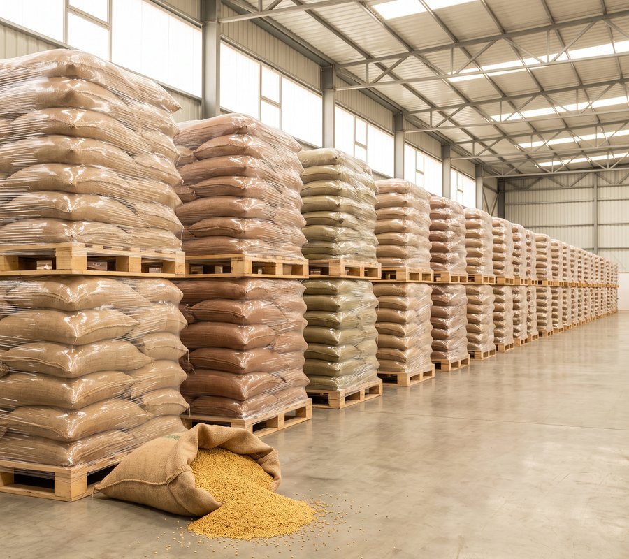 Export-ready pallets of millet grain sacks in a warehouse