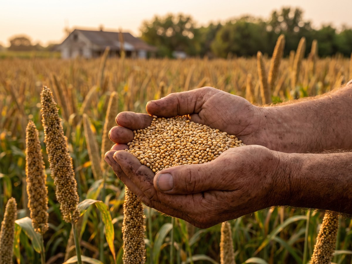 A farmer's hands cupping freshly harvested millet grain, with the millet field and farmhouse behind