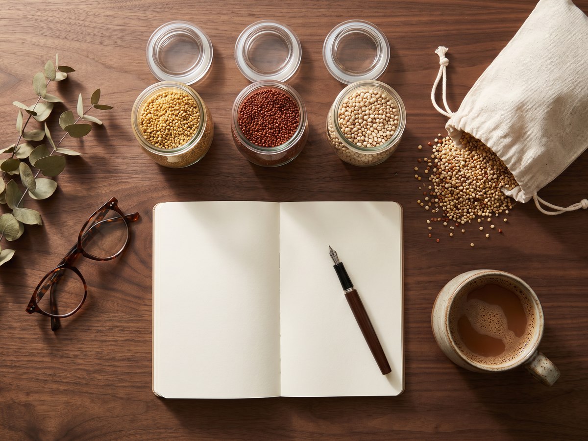 Millet samples in glass jars beside an open notebook, pen and cup of chai on a desk