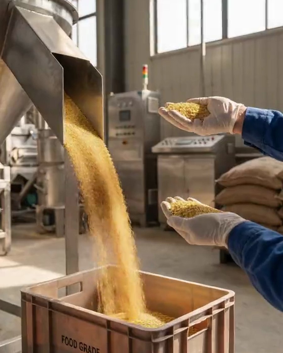 Graded millet grain pouring from a stainless steel chute into a food-grade crate, with a worker checking a sample by hand