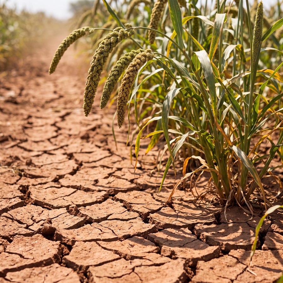 Pearl millet growing strongly out of dry, cracked red earth under harsh sun