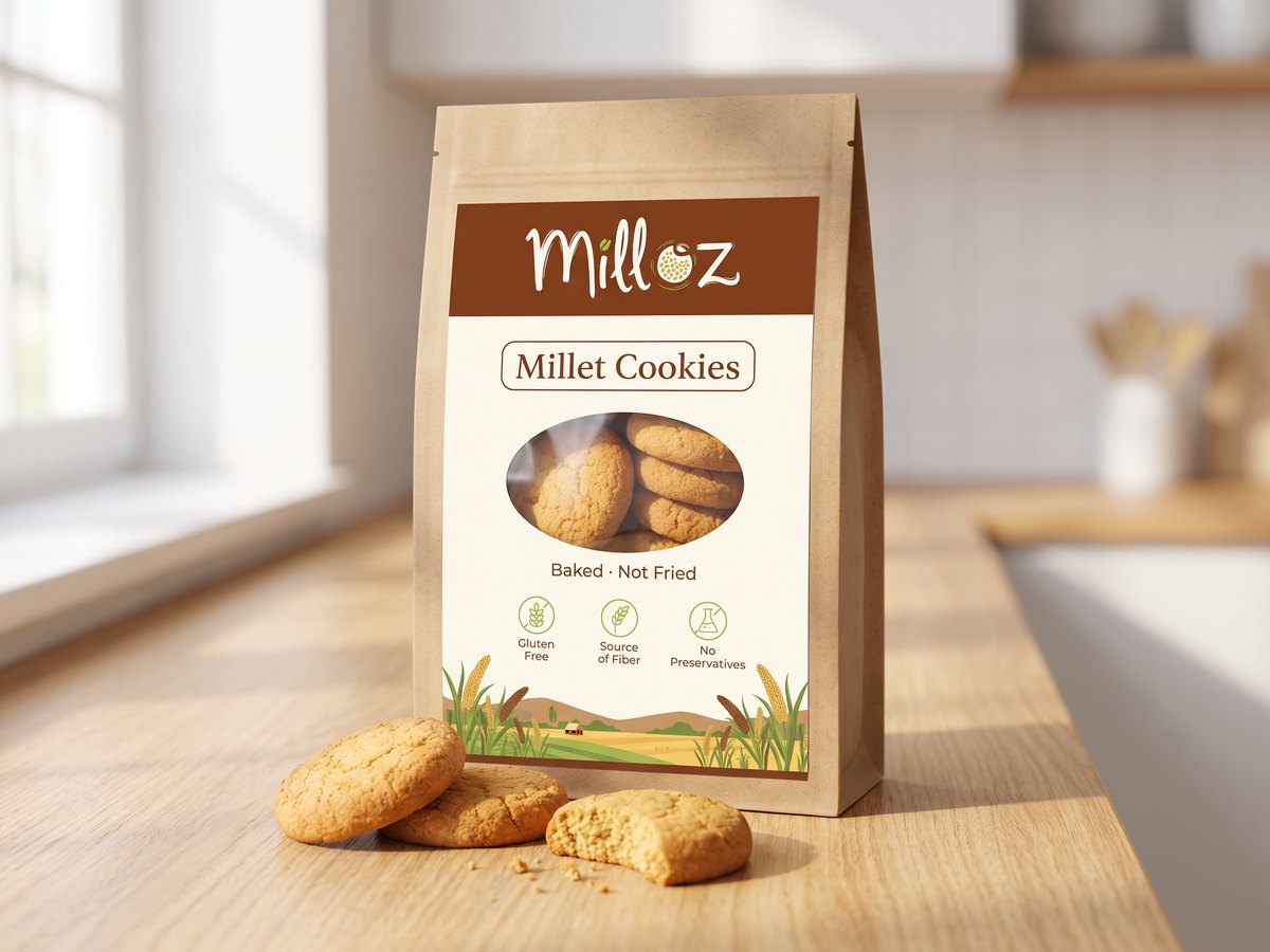 Milloz millet cookies pack with cookies in front