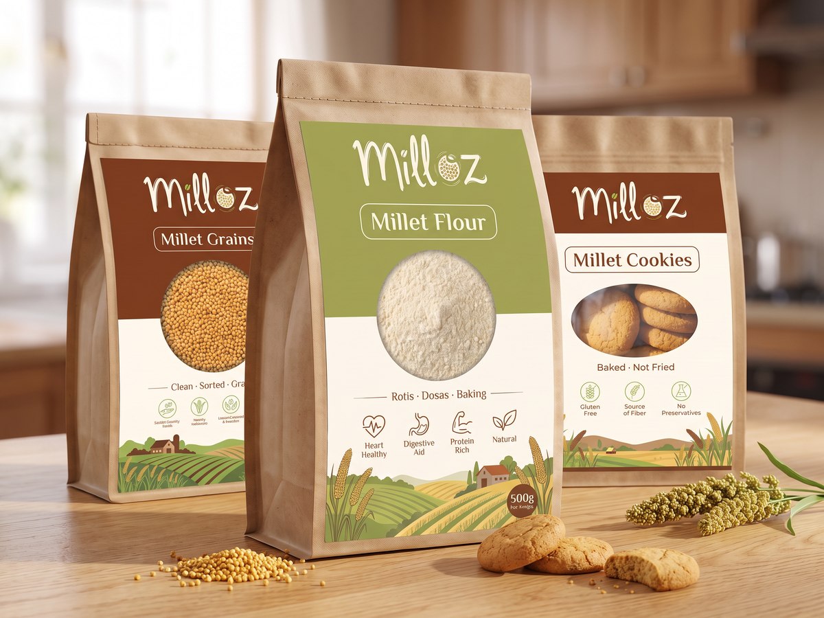 The three Milloz packs — millet grains, millet flour and millet cookies — together on a kitchen counter