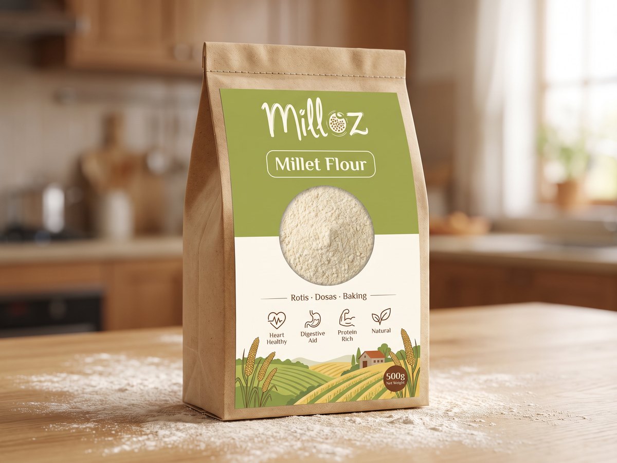 Milloz millet flour in a kraft paper pack