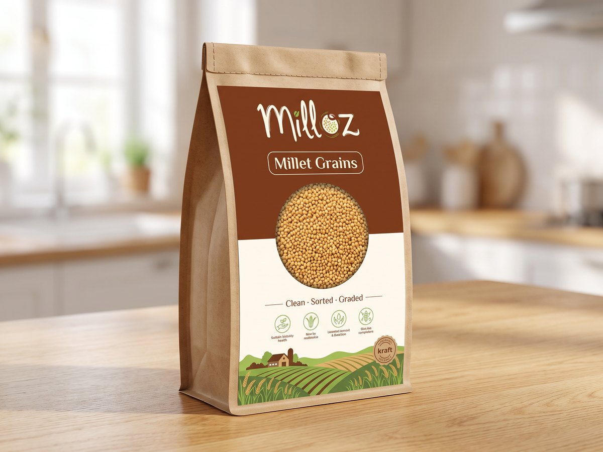 Milloz millet grains in a kraft paper pack